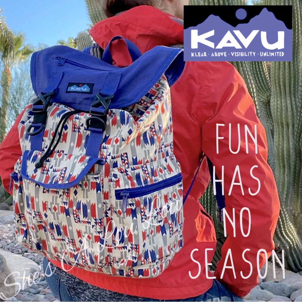 Kavu Libby Canvas Backpack in Rare Festive Indigo,/Burnt Orange Aztec Design
